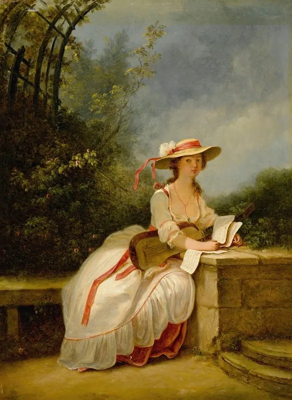 A Lady Seated In A Garden With A Guitar And Music Wall Art by Circle of Jean-Frédéric Schall - High-Resolution Digital Print