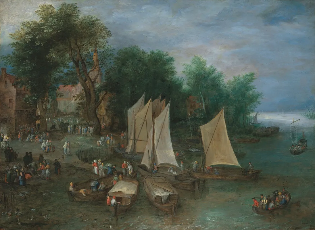 A Landing Stage Near A Village With Shipping And Figures Wall Art by Jan Brueghel The Elder - High-Resolution Digital Print