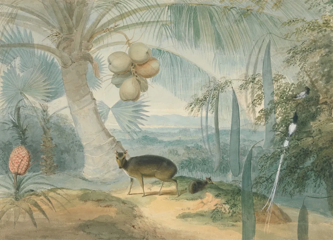 A Landscape In Ceylon With Barking Deer And Fawn And A Pair Of Paradise Fly Catchers