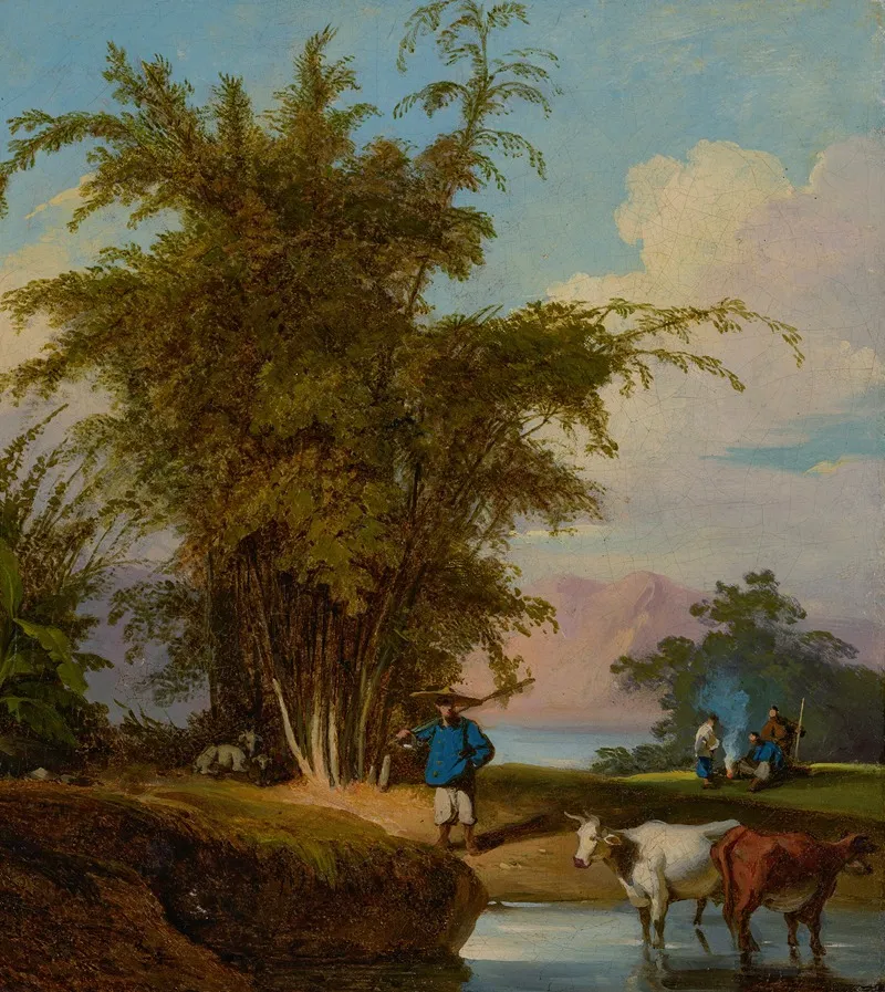 A Landscape In Macau With A Herdsman And Cattle Watering A Stand Of Bamboo Beyond