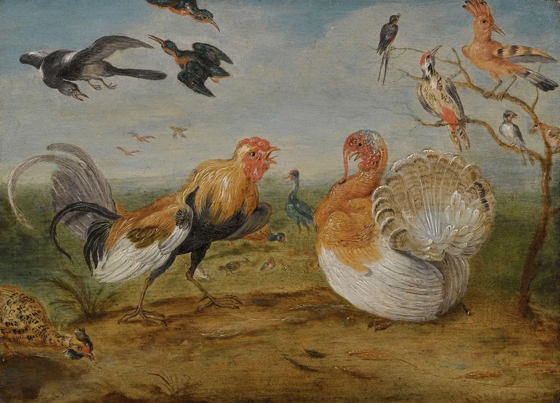 A Landscape With A Cockerel And A Turkey Squabbling And Other Fowl Wall Art by Jan Van Kessel The Elder - High-Resolution Digital Print