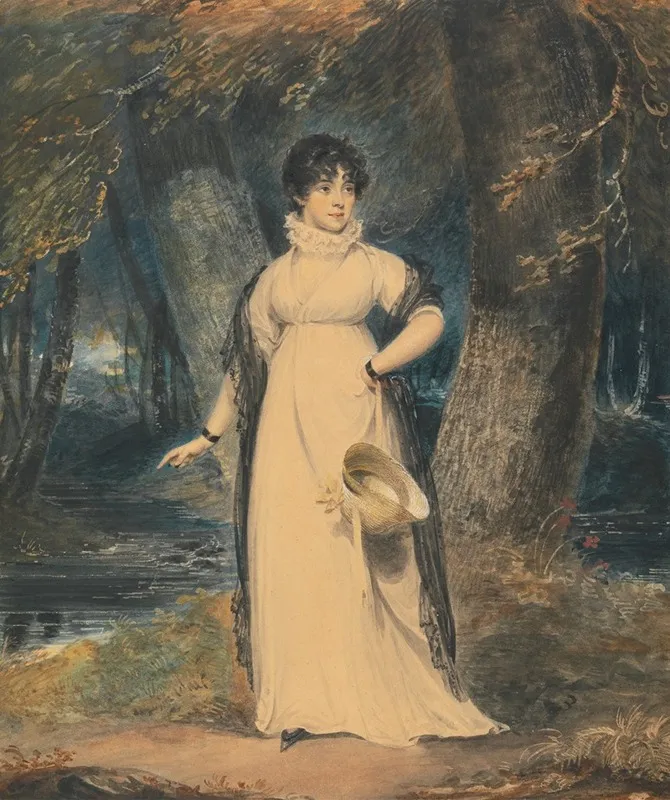 A Landscape With A Portrait Of A Lady Full Length Holding A Hat