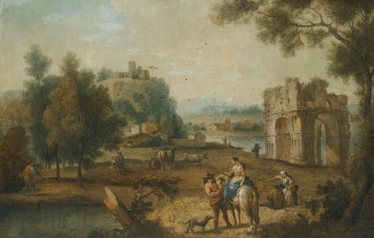 A Landscape With A Roman Ruin And Figures Resting Beside A Stream Wall Art by Giuseppe Zais - High-Resolution Digital Print