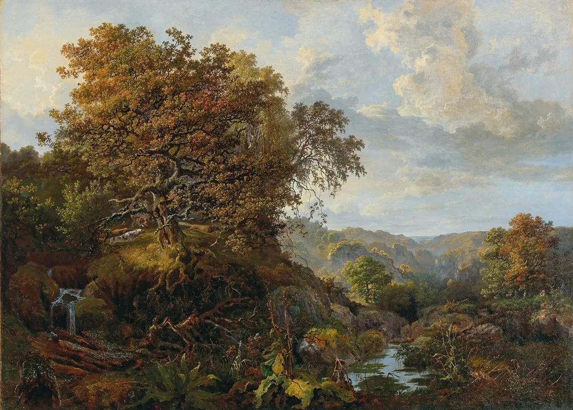 A Landscape With A Waterfall And Hounds Wall Art by Vladimir Osipovich Sherwood - High-Resolution Digital Print