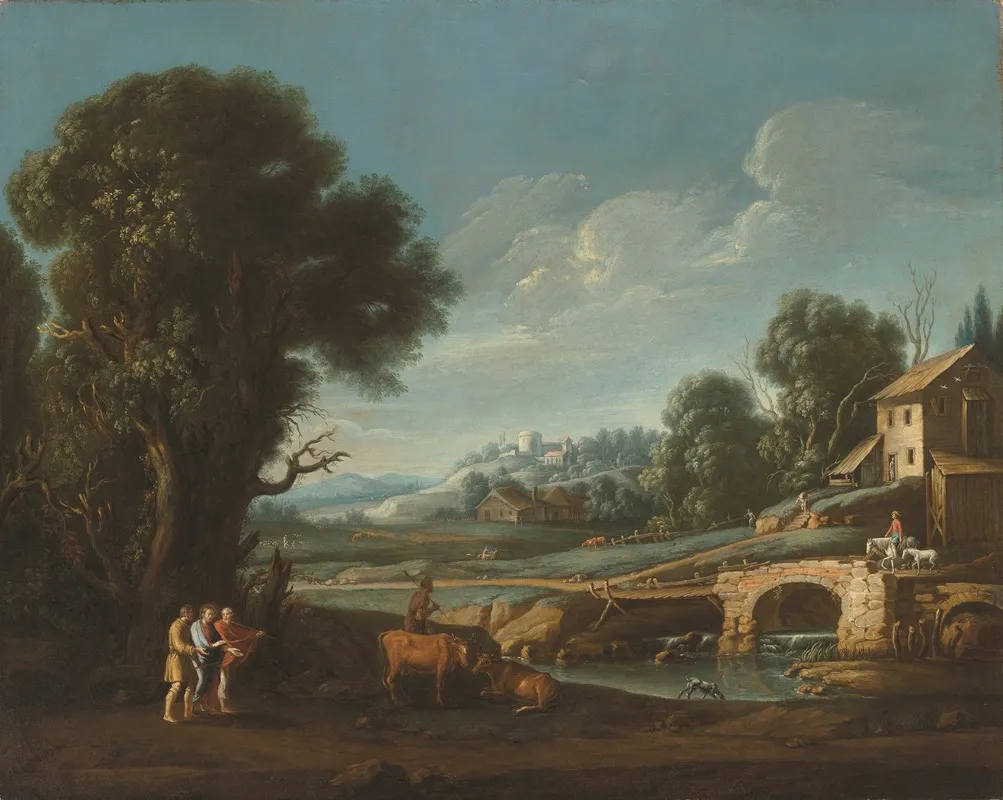 A Landscape With Christ On The Road To Emmaus Wall Art by Follower Of Filippo Teodoro De Liagno - High-Resolution Digital Print