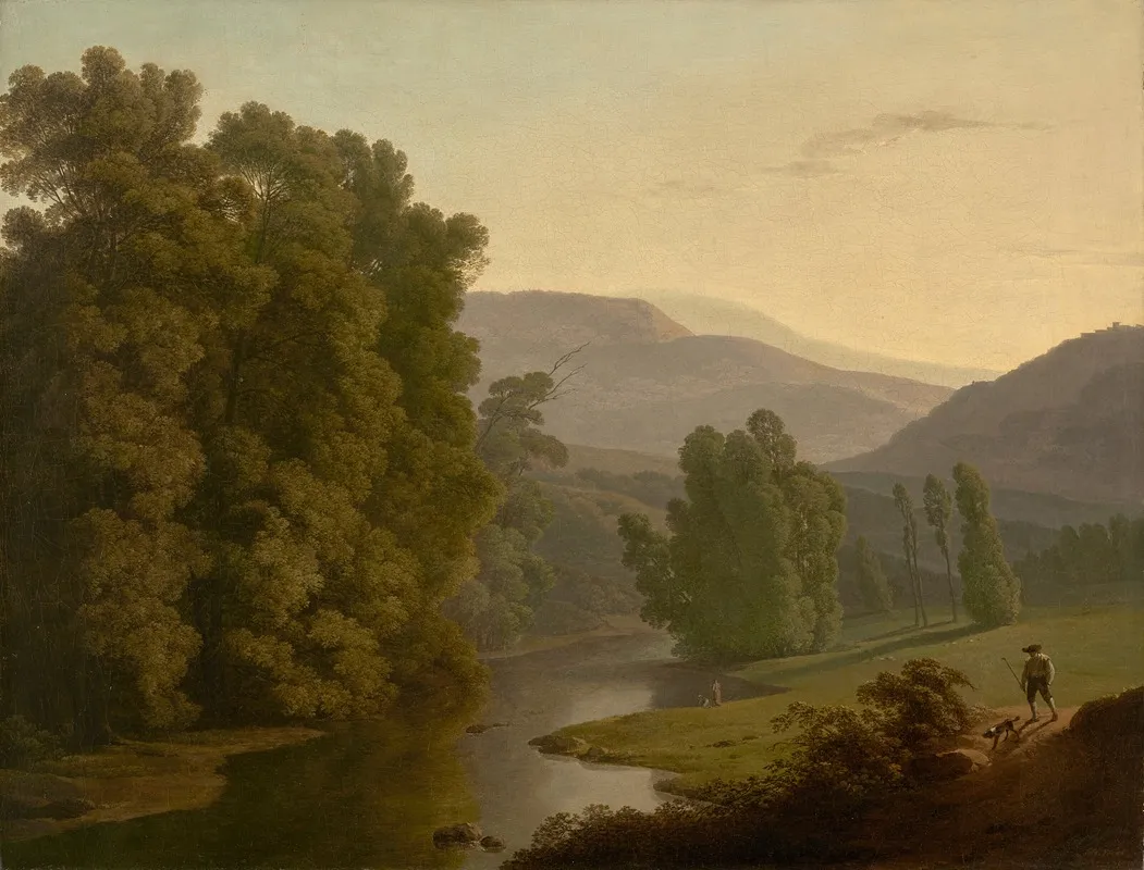 A Landscape With Figures By A River And Mountains In The Distance Wall Art by Hendrik Voogd - High-Resolution Digital Print
