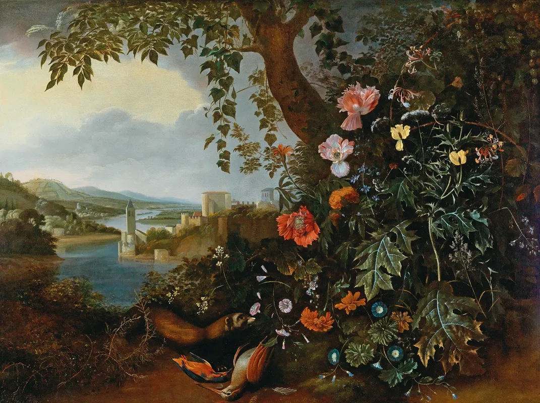 A Landscape With Flowers And A Marten And Bird Trap Wall Art by Matthias Withoos - High-Resolution Digital Print