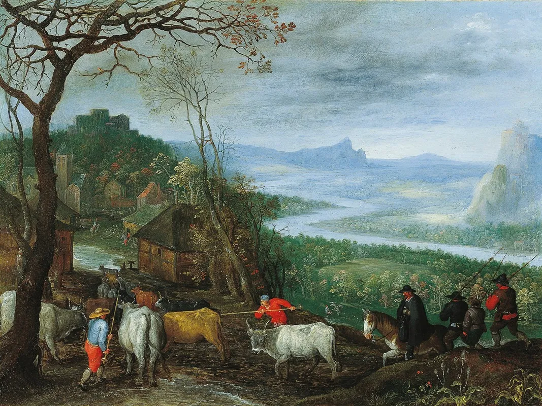 A Landscape With Herdsmen Driving Cattle To A Village Wall Art by Jan Brueghel The Elder - High-Resolution Digital Print