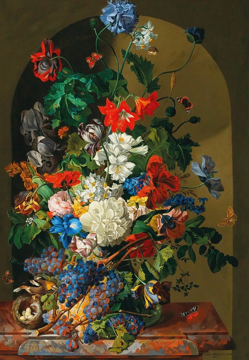 A Large Bouquet Of Flowers With A Birds Nest Butterflies And Grapes Wall Art by Leopold Zinnögger - High-Resolution Digital Print