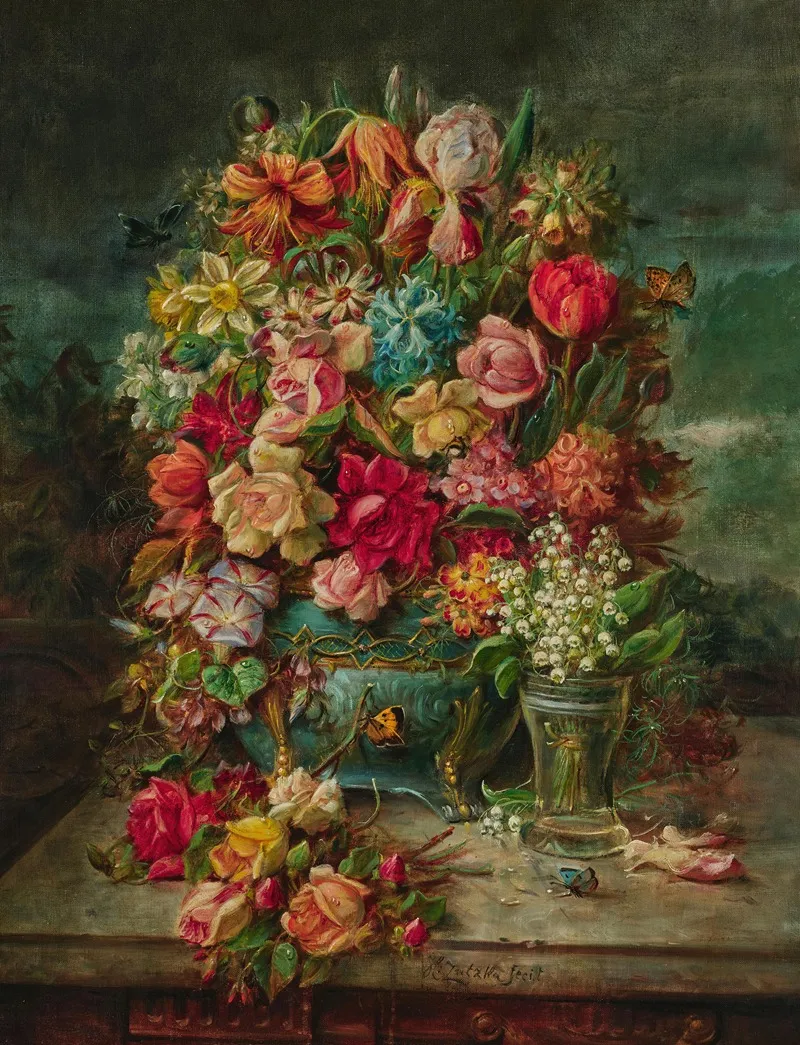 A Large Bouquet Of Flowers With Lily Of The Valley In Vase Wall Art by Hans Zatzka - High-Resolution Digital Print