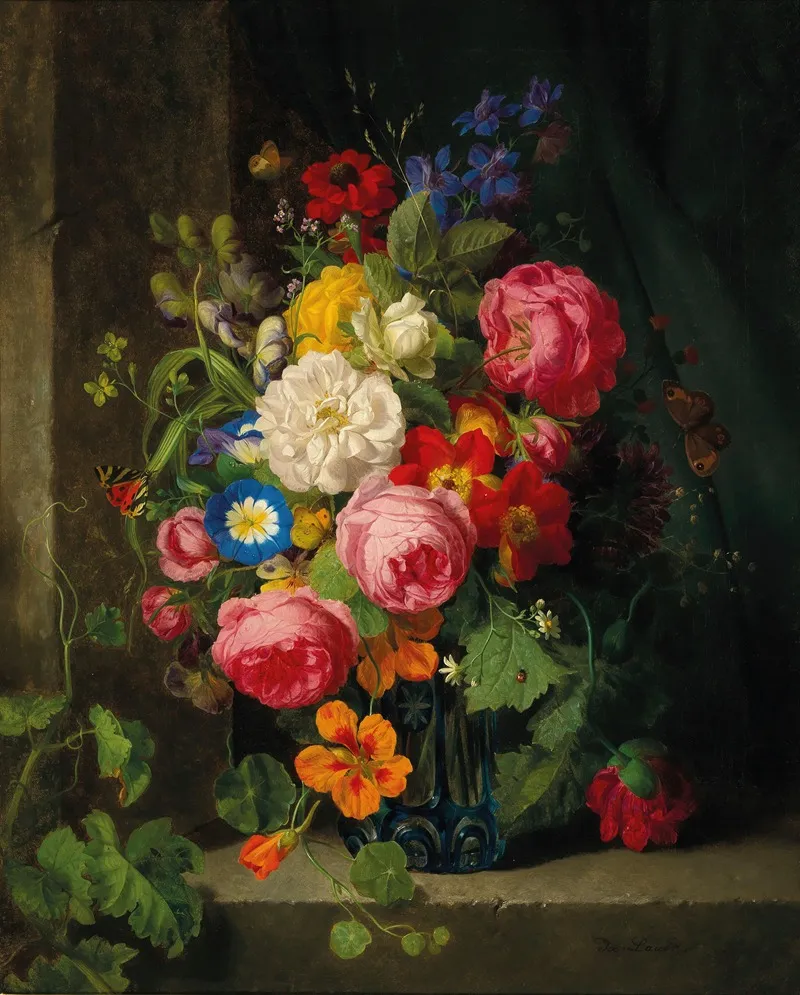 A Large Bouquet Of Flowers With Roses Nasturtium And Butterflies Wall Art by Josef Lauer - High-Resolution Digital Print