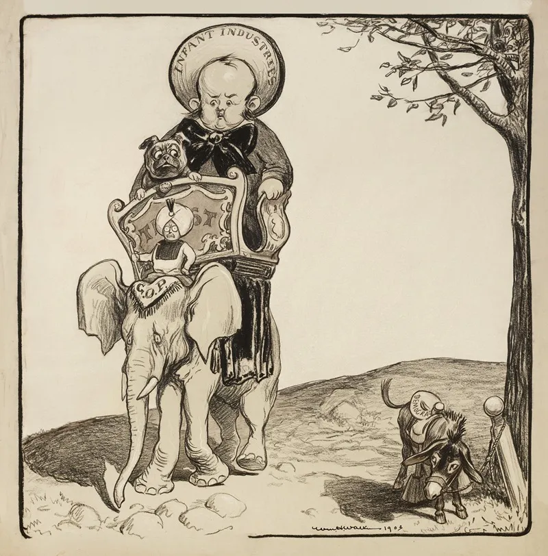 A Large Child Representing Infant Industries And His Bulldog Representing Wall Street Ride On Top Of The Republican Party Elephant