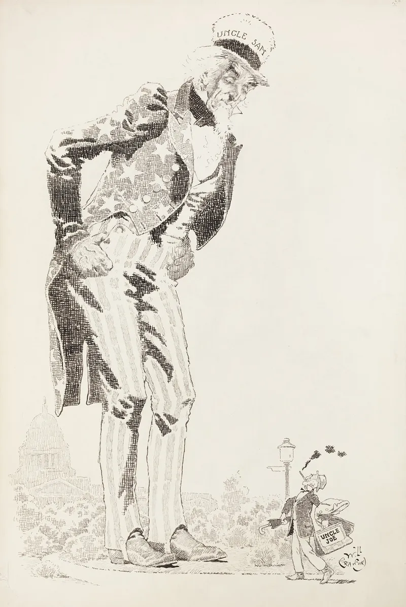 A Large Figure Of Uncle Sam Looks Down At A Small Figure Of Uncle Joe