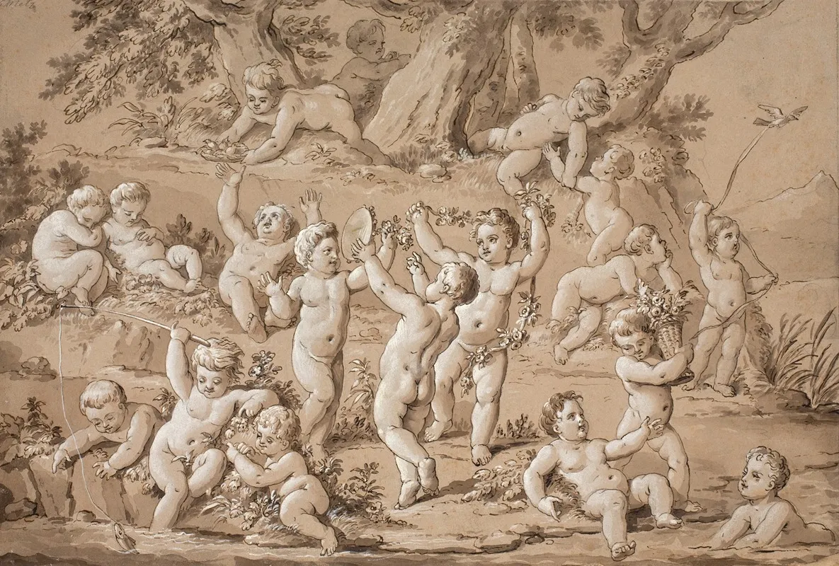 A Large Group Of Putti Playing Contentedly By A Stream