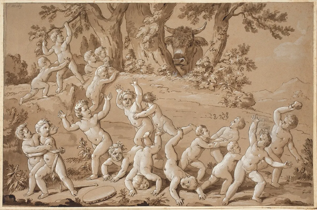 A Large Group Of Putti Plunged Into Terror By The Arrival Of A Bull