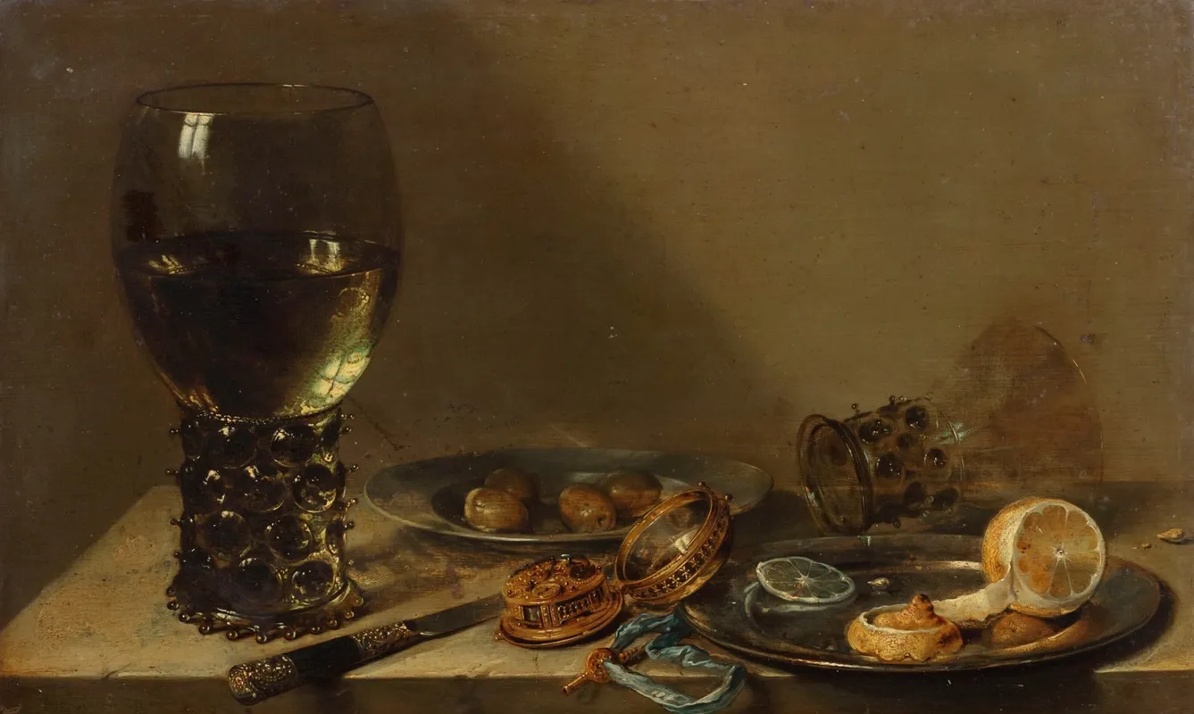 A Large Roemer A Silver Knife A Gold Pocket Watch With Blue Ribbon A Pewter Plate With A Peeled Lemon With Other Objects On A Ledge Wall Art by Willem Claesz Heda - High-Resolution Digital Print