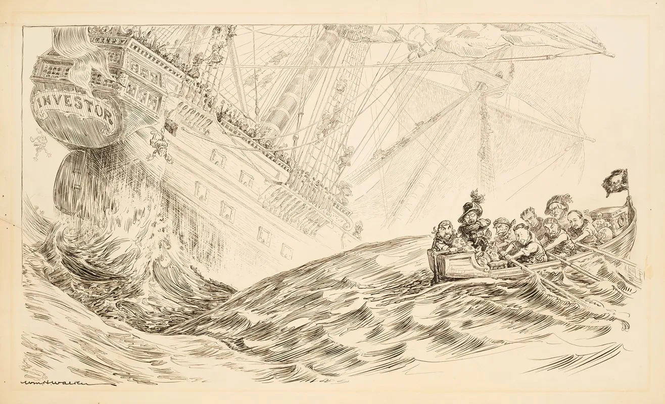 A Large Sailing Ship Representing Investors Sinks As A Small Group Of Pirates Row Away With Their Money