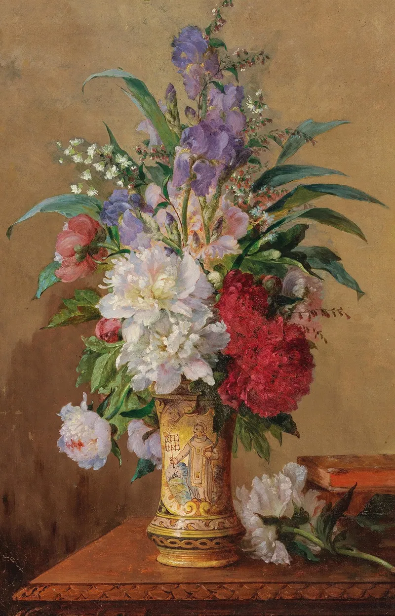 A Lavish Bouquet Of Flowers With Peonies In A Vase With The Image Of A Saint Wall Art by Charles Philipard - High-Resolution Digital Print