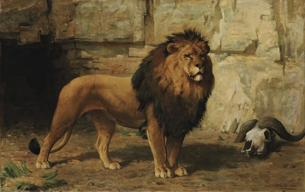 A Lion Guarding His Den Wall Art by George Goodwin Kilburne, Jr. - High-Resolution Digital Print