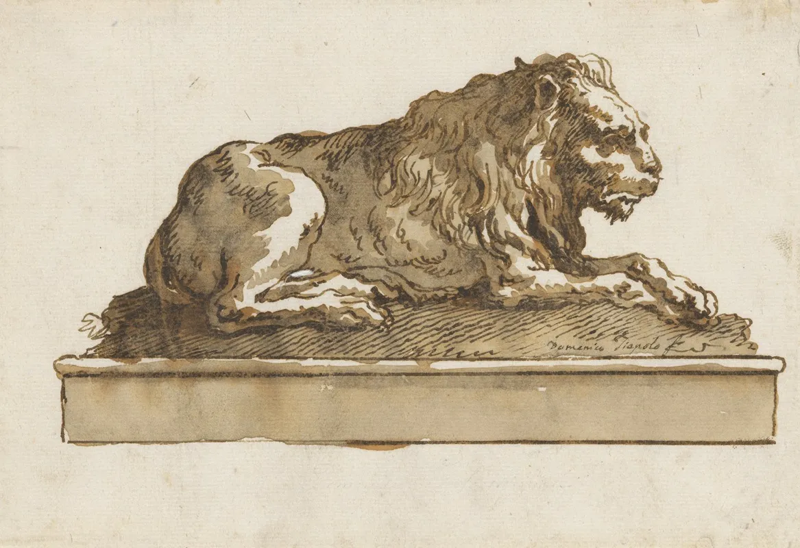 A Lion Lying Toward The Right On A Base Wall Art by Giovanni Domenico Tiepolo - High-Resolution Digital Print