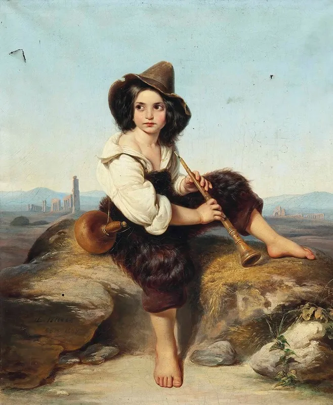 A Little Shepherd Playing The Oboe At The Claudia Aqueduct On The Roman Compagna Wall Art by Leopold Pollak - High-Resolution Digital Print