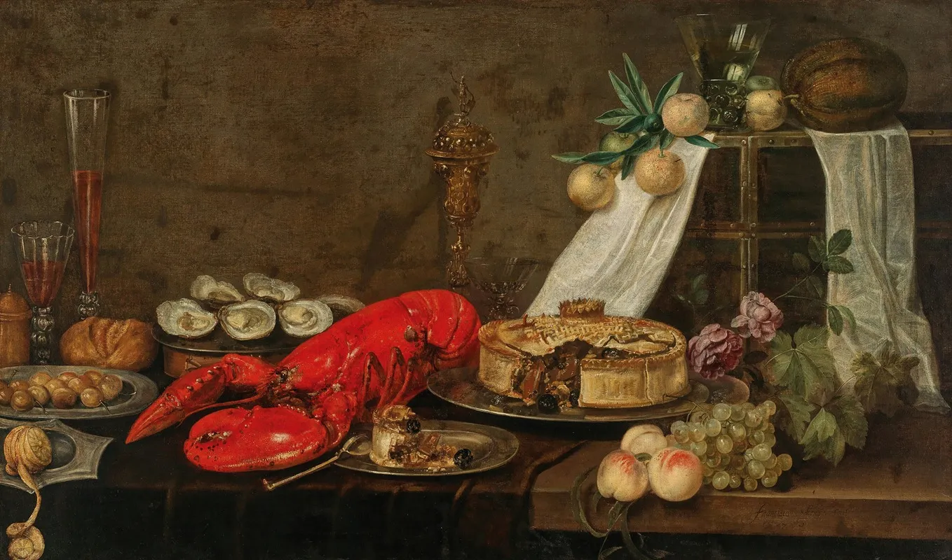 A Lobster Oysters Pastry Mixed Fruit And Filled Wine Glasses On A Partially Draped Table Wall Art by Frans Ykens - High-Resolution Digital Print