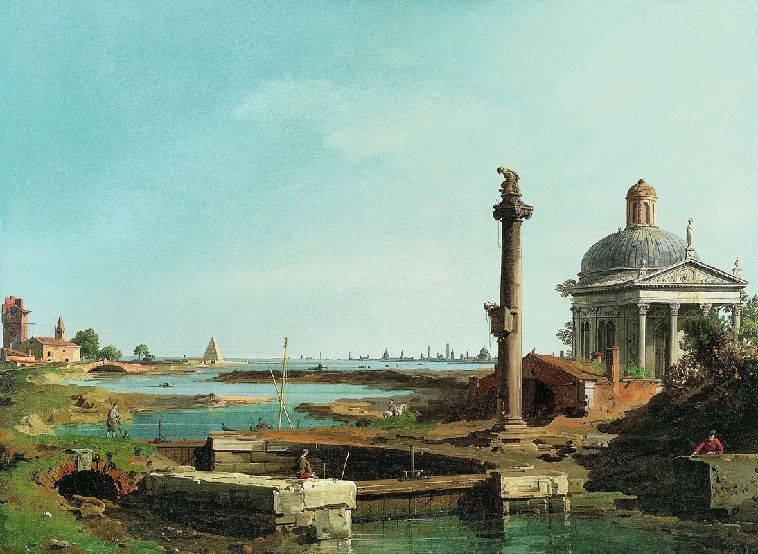 A Lock A Column And A Church Beside A Lagoon Wall Art by Canaletto - High-Resolution Digital Print