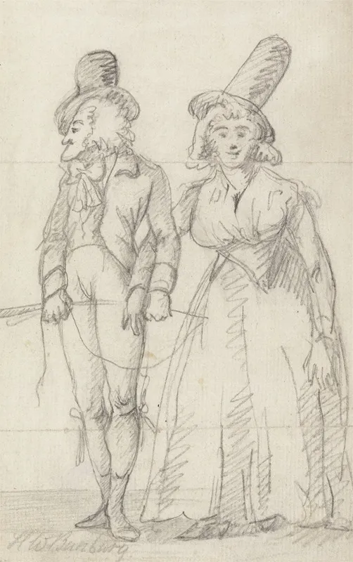 A Long Chinned Man Arm In Arm With A Bosomy Woman In Tall Hat
