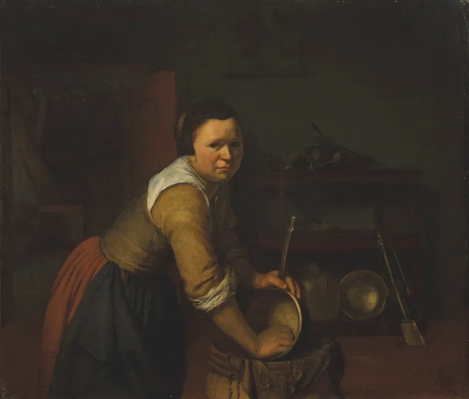 A Maid Washing Pans In A Kitchen Wall Art by Heyman Dullaert - High-Resolution Digital Print