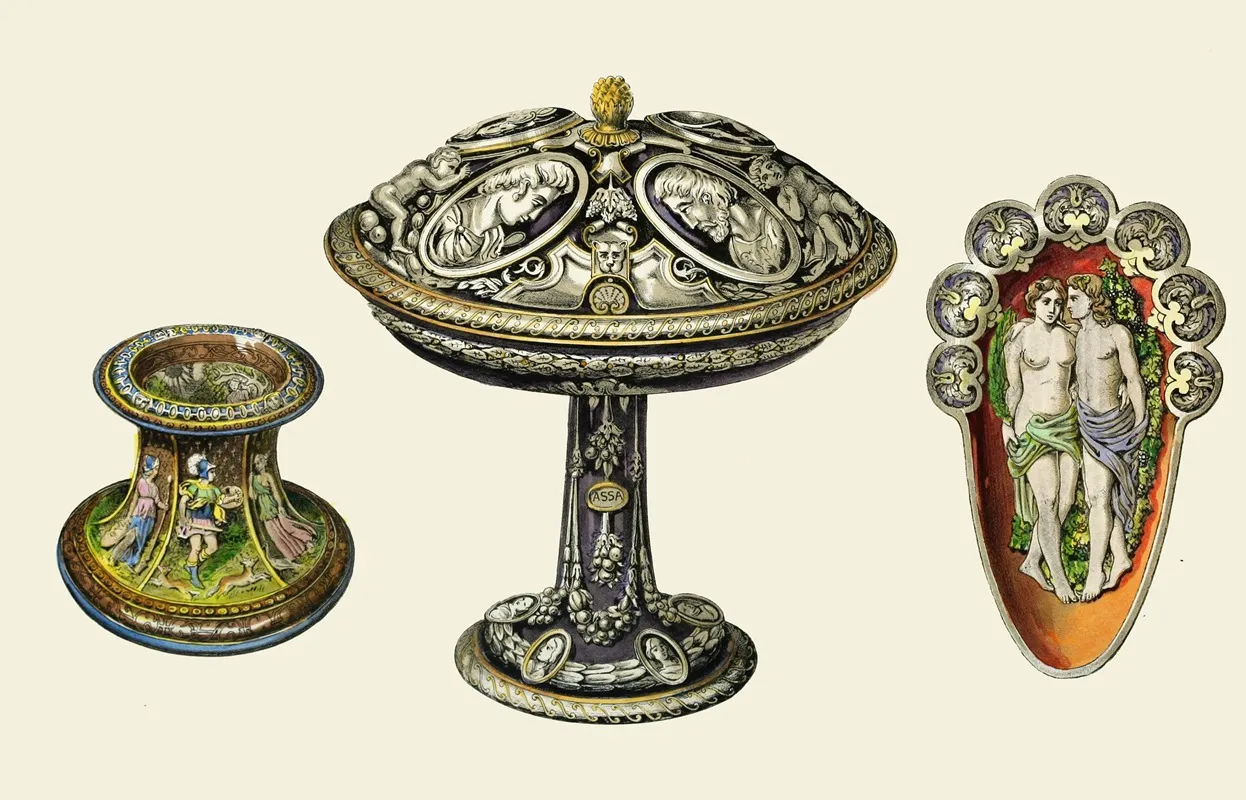 A Majolica Tazza Designed By Julio Romano A Sauce Boat In Palissy Ware A Salt Cellar In Henri Deux Ware Wall Art by Henry Noel Humphreys - High-Resolution Digital Print