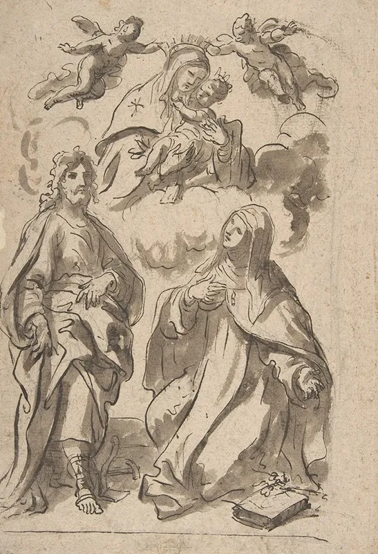 A Male And A Female Saint Adoring The Virgin And Child In Glory Wall Art by Francesco di Maria - High-Resolution Digital Print