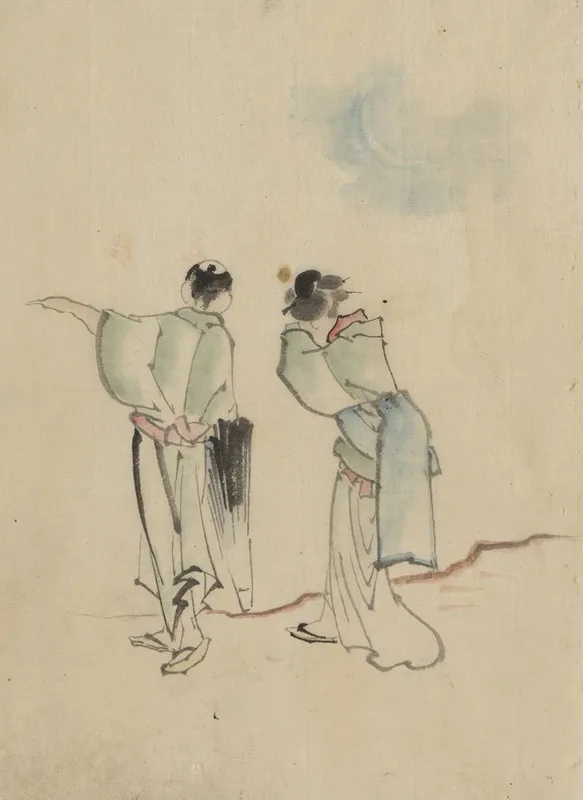 A Man And A Woman Seen From Behind Are Looking To Where The Man Is Pointing With His Left Arm Wall Art by Katsushika Hokusai - High-Resolution Digital Print