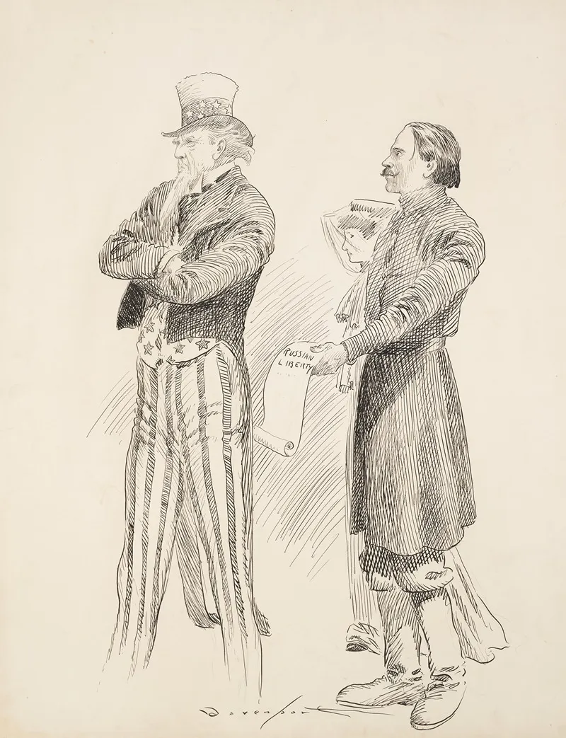 A Man And Woman Try To Give A Scroll Labeled Russian Liberty To Uncle Sam But He Turns His Back And Will Not Take It
