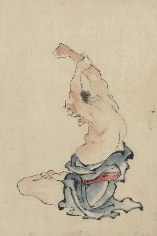 A Man Bare Chested Sitting Cross Legged With Arms Raised Over His Head Stretching Or Practicing Yoga Wall Art by Katsushika Hokusai - High-Resolution Digital Print