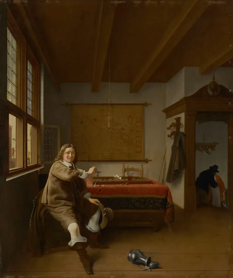 A Man Holding An Overturned Wine Glass In An Interior With Two Servants Kissing In A Doorway Beyond Wall Art by Isaac Koedijck - High-Resolution Digital Print