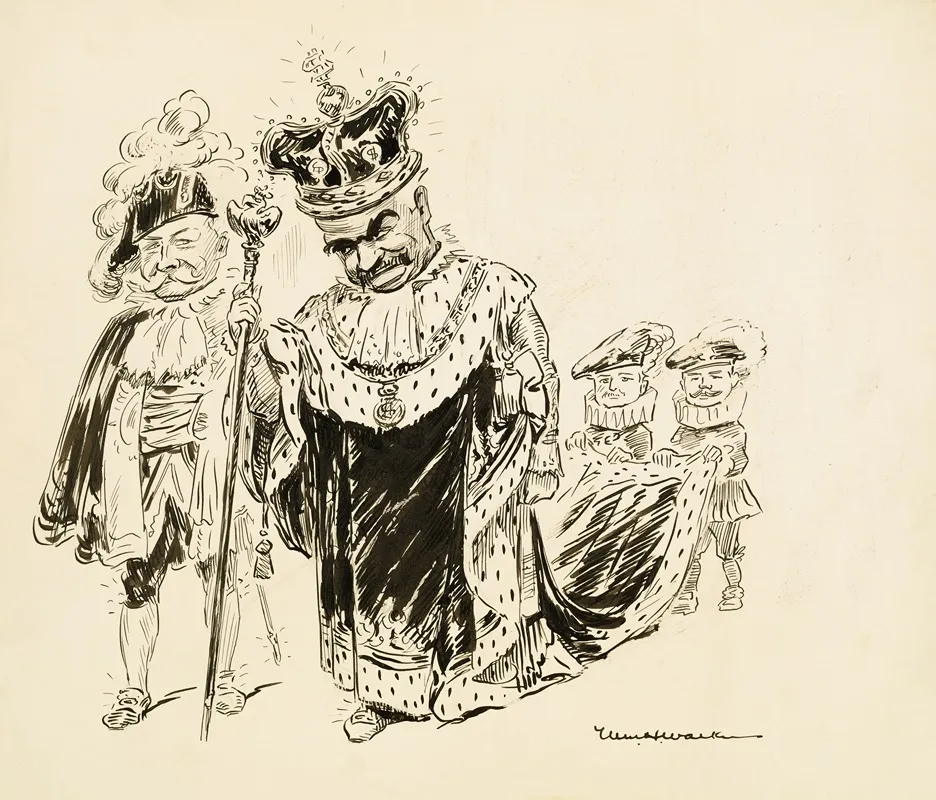 A Man In A Crown And Robes Both Decorated With Dollar Signs And A Scepter With The American Eagle On Top