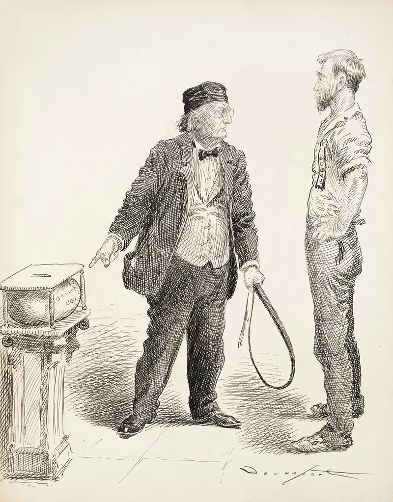 A Man In A Suit With A Whip In His Hand Orders A Man Representing Labor To Put His Vote In The Ballot Box