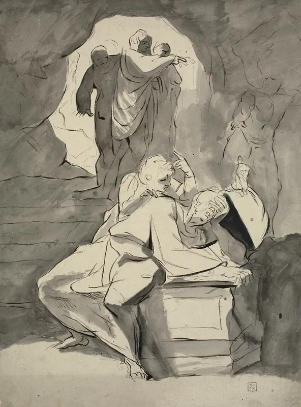 A Man In Despair Over A Tombstone In A Cave With Other Figures