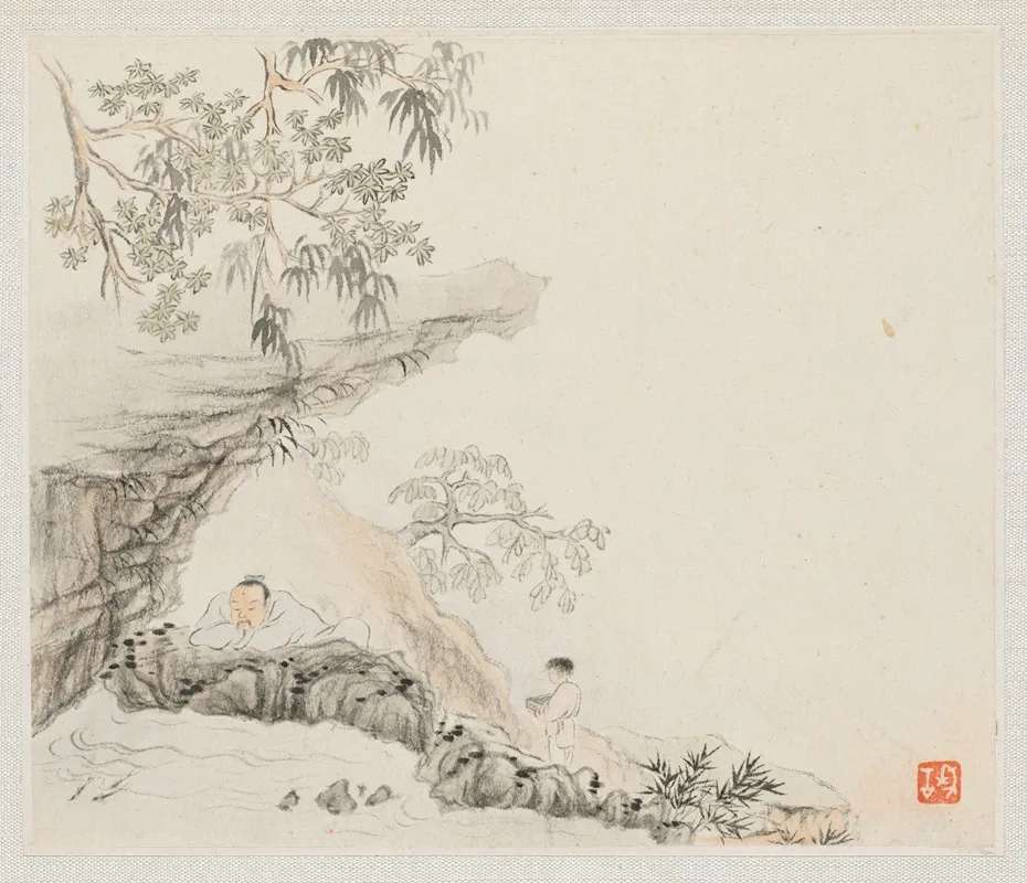 A Man Lies Under A Rocky Overhang A Boy Stands To His Right Wall Art by Hua Yan - High-Resolution Digital Print