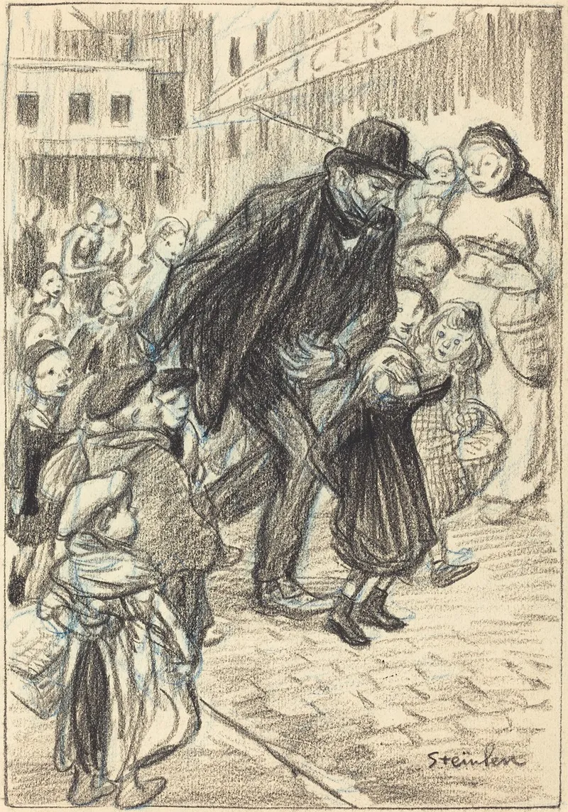 A Man On A City Street Surrounded By Children Un Pere
