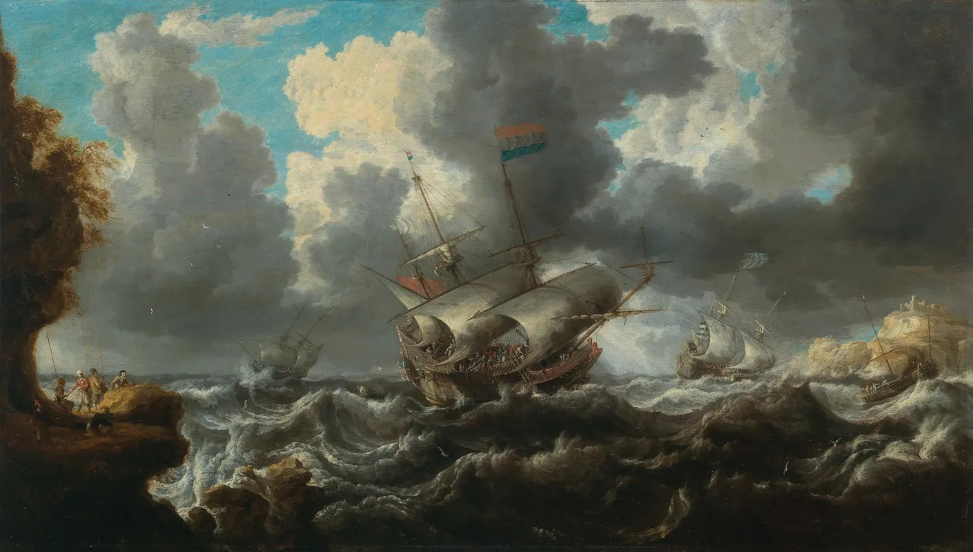 A Man Owar In Choppy Seas With Soldiers On An Outcrop Nearby