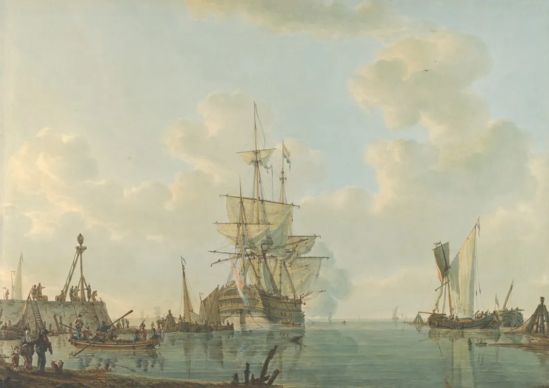 A Man Owar Lying At Anchor Wall Art by Johannes Christiaan Schotel - High-Resolution Digital Print