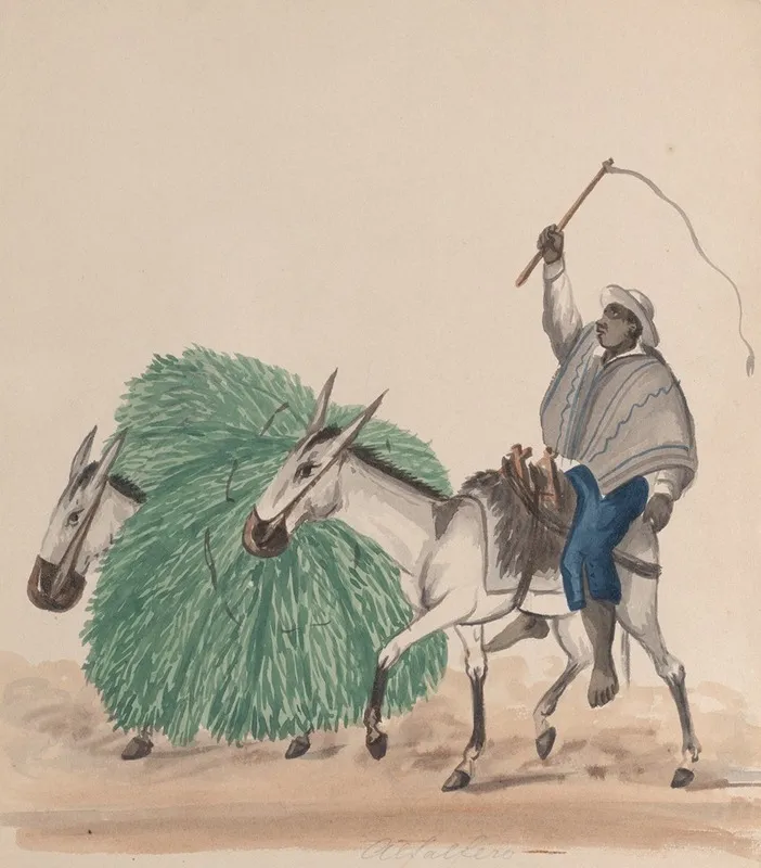 A Man Riding A Mule His Whip Raised Another Mule Loaded With Grass Alongside Wall Art by Francisco Fierro - High-Resolution Digital Print