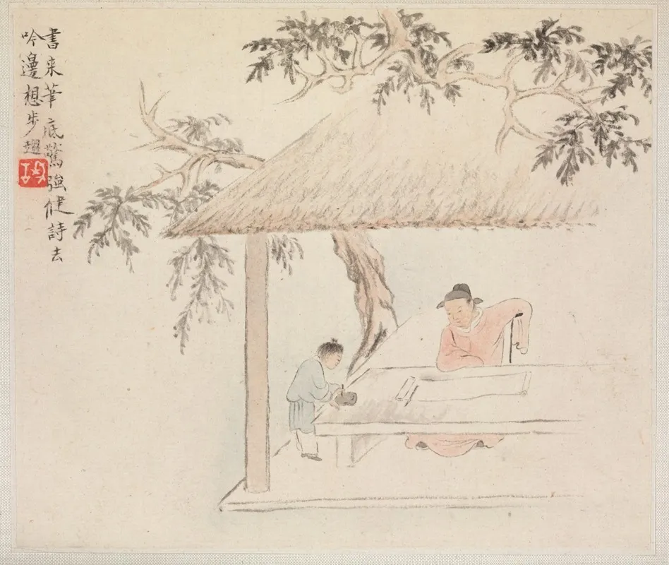 A Man Sits At A Table Before An Open Scroll A Boy Mixes Ink Wall Art by Hua Yan - High-Resolution Digital Print