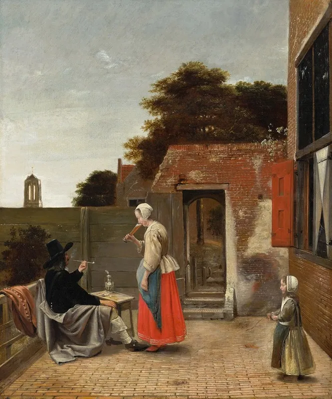 A Man Smoking And A Woman Drinking In A Courtyard Wall Art by Pieter De Hooch - High-Resolution Digital Print