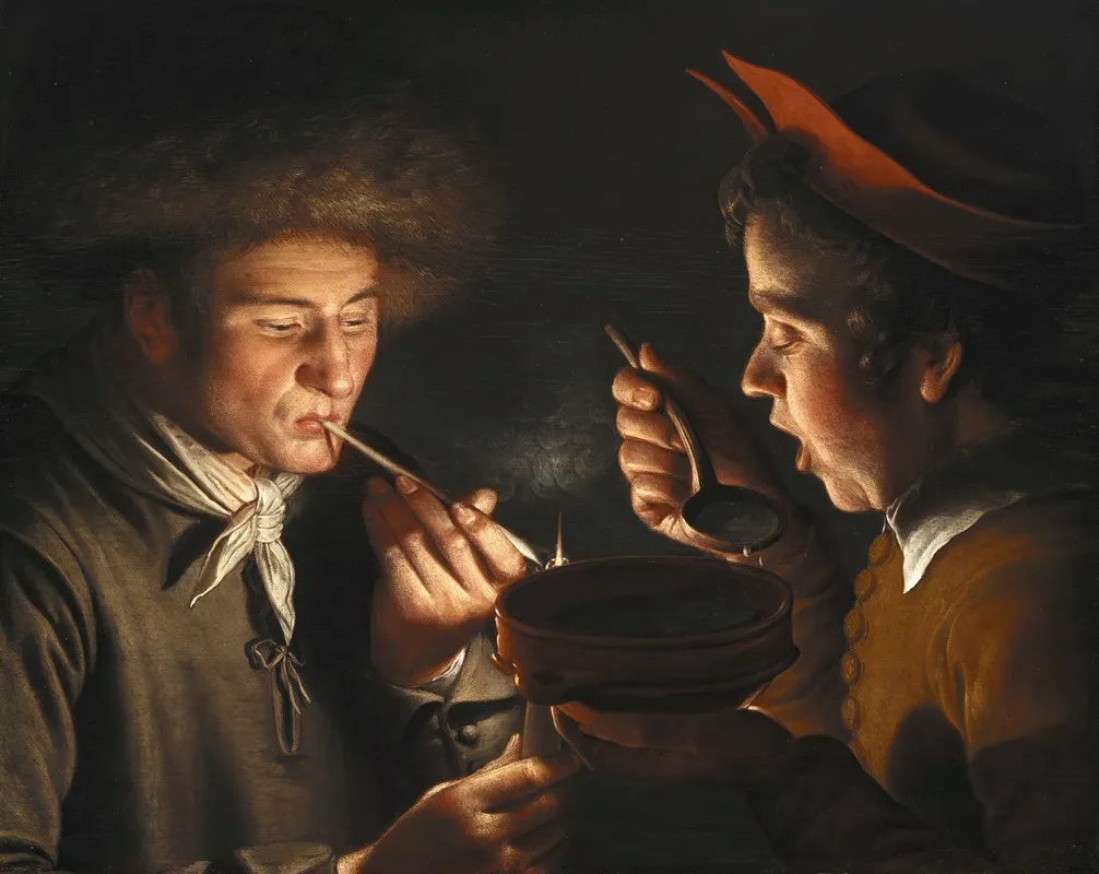 A Man Smoking And Another Man Eating By Candlelight Wall Art by Willem van der Vliet - High-Resolution Digital Print
