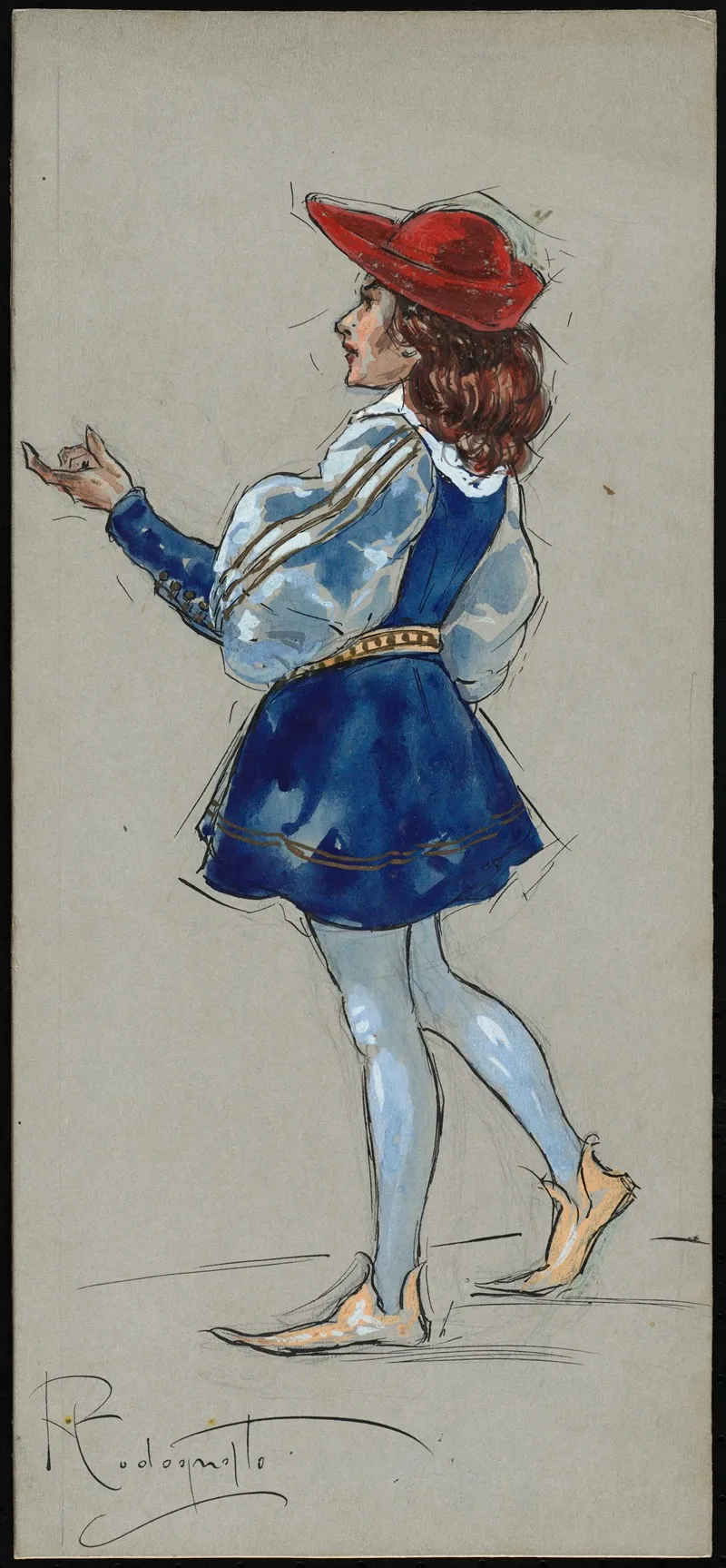 A Man Stands Facing Away With Hand Upraised Wearing A Blue Doublet Hose And A Red Hat