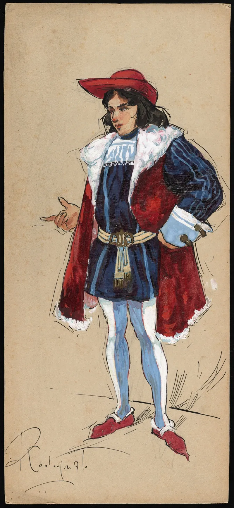 A Man Stands With A Finger Pointed Wearing A Red Hat Blue Doublet And Hose And A Red Overgarment