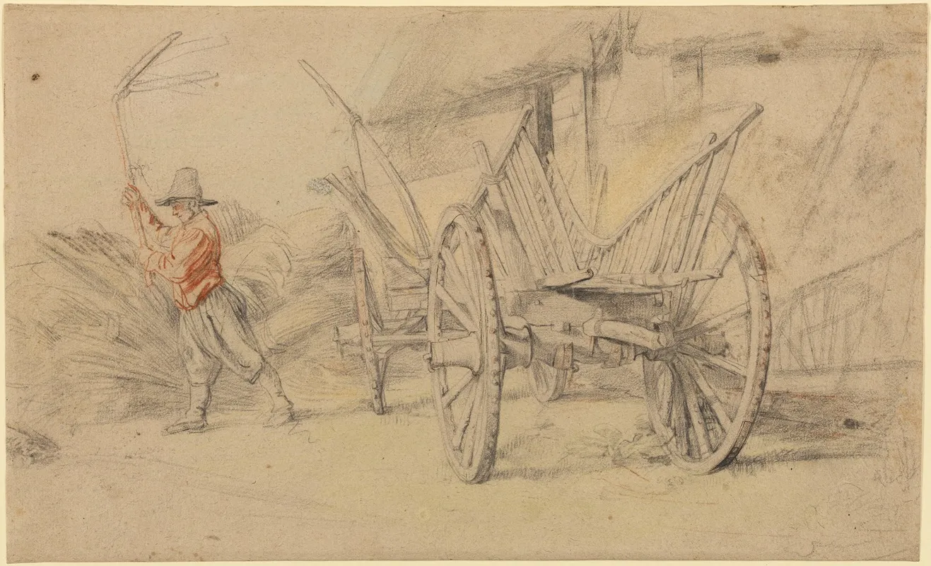A Man Threshing Beside A Wagon Farm Buildings Behind