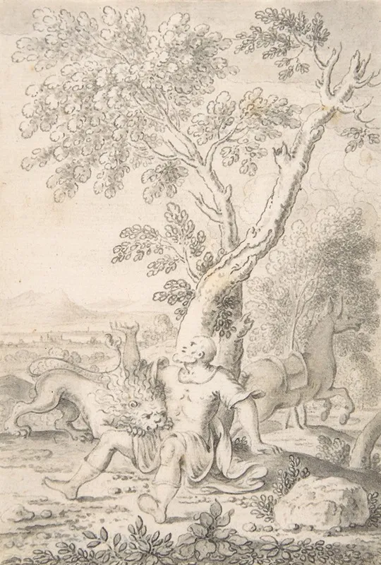 A Man Under A Tree Bitten By A Lion While His Horse Escapes Wall Art by Mathais Füssli the Elder - High-Resolution Digital Print